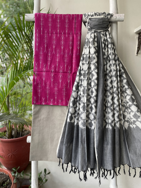 PINK & GREY COTTON IKKAT DUPATTA SET
