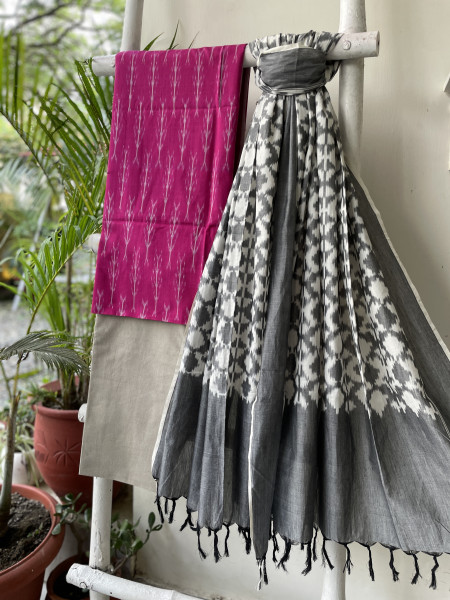 PINK & GREY COTTON IKKAT DUPATTA SET