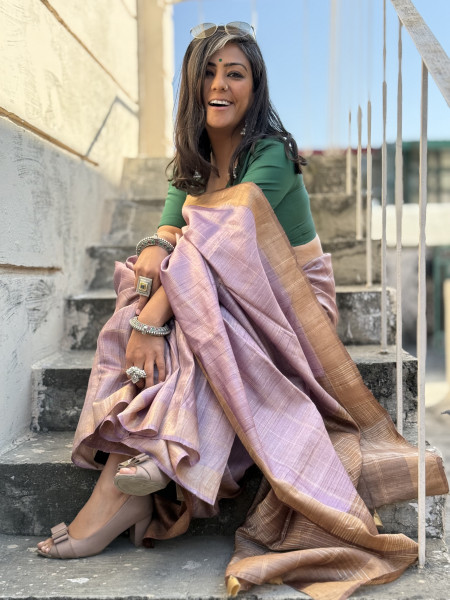 MAUVE-CARAMEL HAND WOVEN TUSSAR SILK SARI