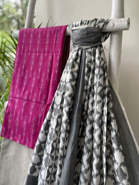 PINK & GREY COTTON IKKAT DUPATTA SET