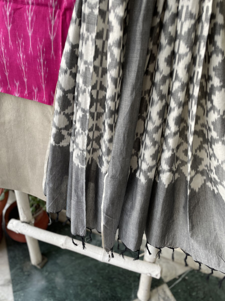 PINK & GREY COTTON IKKAT DUPATTA SET