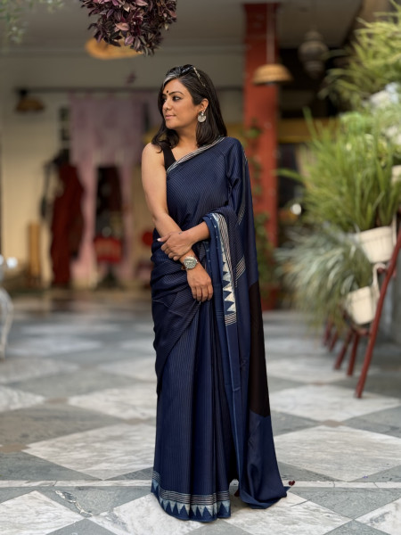 INDIGO-BLACK MODAL SILK AJRAKH BLOCK PRINT SARI
