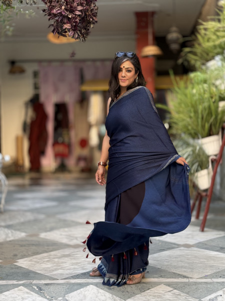 INDIGO-BLACK MODAL SILK AJRAKH BLOCK PRINT SARI