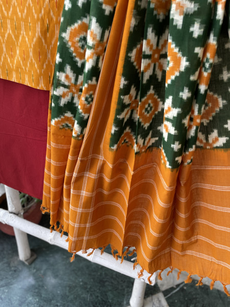 MUSTARD & GREEN COTTON IKKAT DUPATTA SET