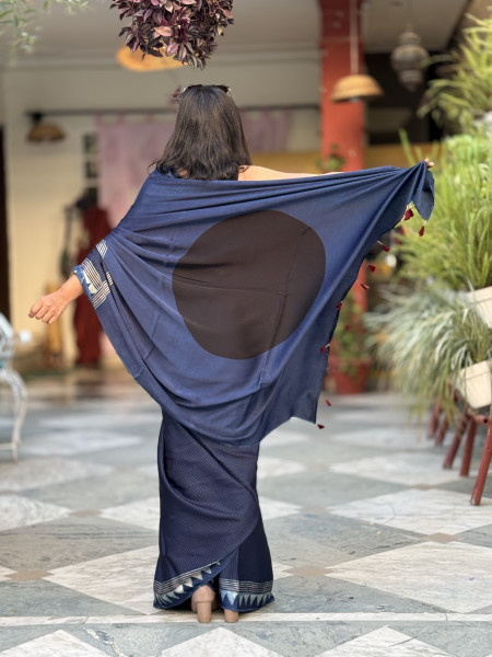 INDIGO-BLACK MODAL SILK AJRAKH BLOCK PRINT SARI