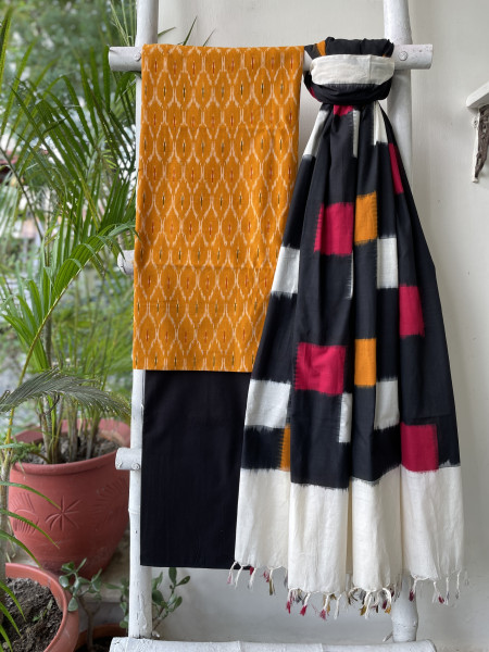 MUSTARD-BLACK  COTTON IKKAT DUPATTA SET