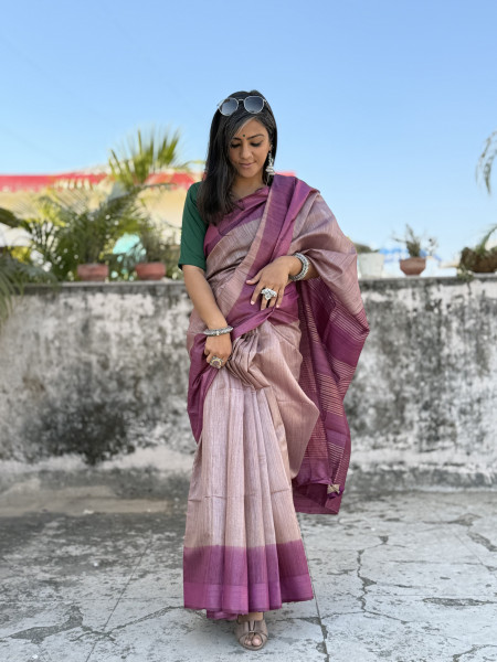SALMON-WINE HAND WOVEN TUSSAR SILK SARI