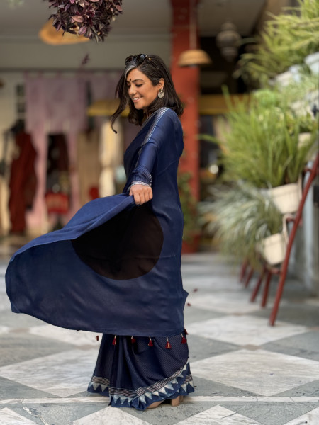 INDIGO-BLACK MODAL SILK AJRAKH BLOCK PRINT SARI