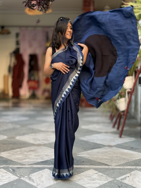 INDIGO-BLACK MODAL SILK AJRAKH BLOCK PRINT SARI