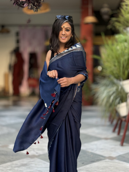 INDIGO-BLACK MODAL SILK AJRAKH BLOCK PRINT SARI