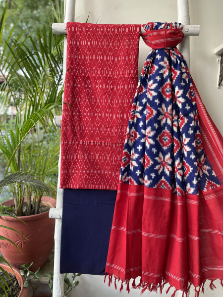 RED & INDIGO COTTON IKKAT DUPATTA SET
