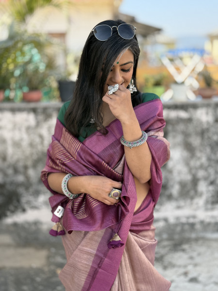 SALMON-WINE HAND WOVEN TUSSAR SILK SARI