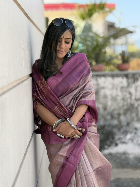 SALMON-WINE HAND WOVEN TUSSAR SILK SARI
