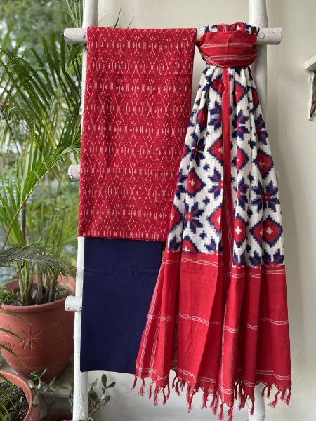 RED & WHITE COTTON IKKAT DUPATTA SET
