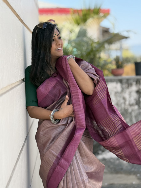 SALMON-WINE HAND WOVEN TUSSAR SILK SARI
