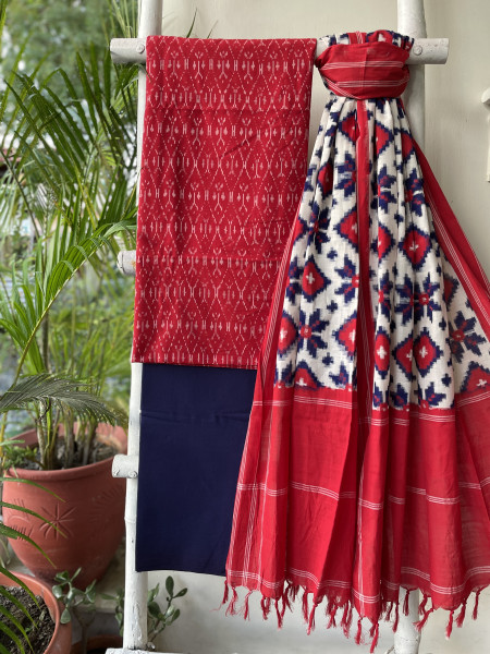 RED & WHITE COTTON IKKAT DUPATTA SET