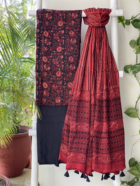 BLACK-MAROON AJRAKH MODAL SILK DUPATTA SET