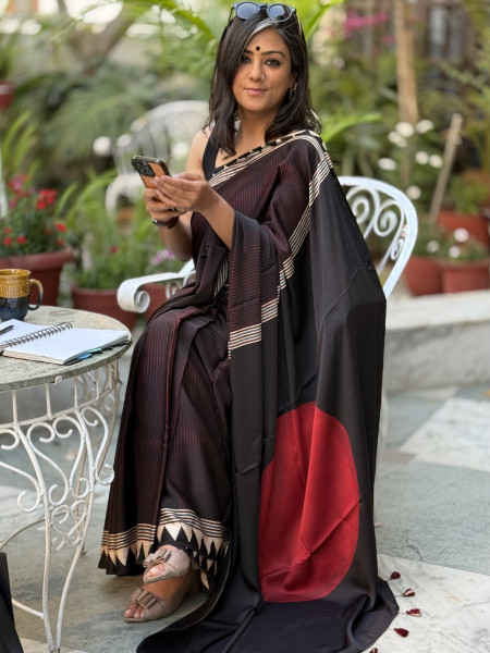 BLACK-MAROON MODAL SILK AJRAKH BLOCK PRINT SARI