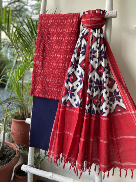 RED & WHITE COTTON IKKAT DUPATTA SET