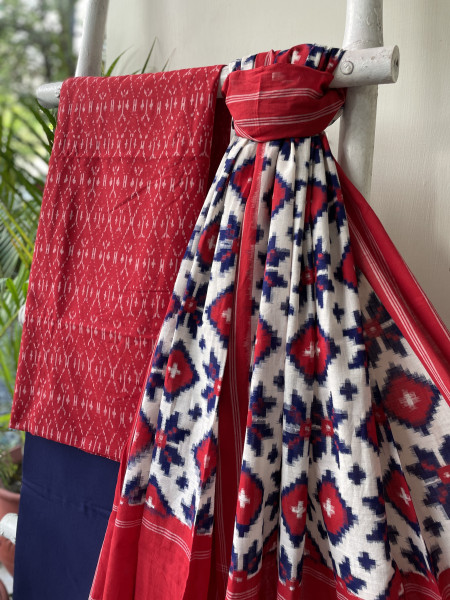 RED & WHITE COTTON IKKAT DUPATTA SET