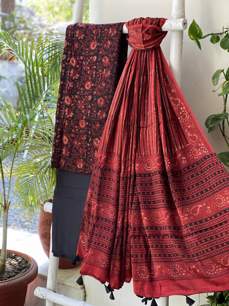 BLACK-MAROON AJRAKH MODAL SILK DUPATTA SET