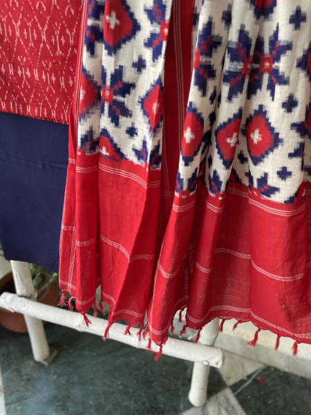 RED & WHITE COTTON IKKAT DUPATTA SET