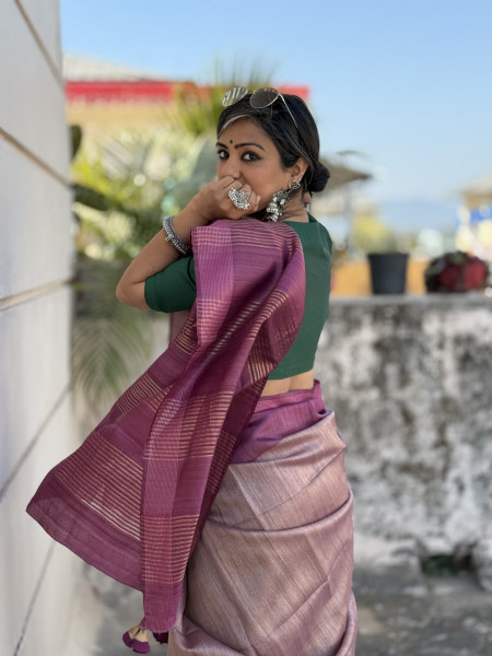 SALMON-WINE HAND WOVEN TUSSAR SILK SARI