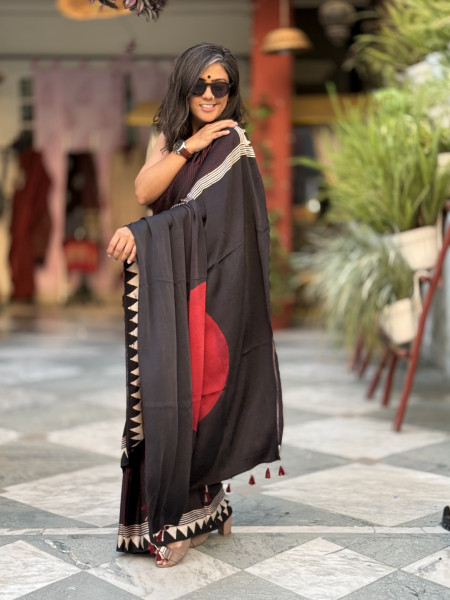 BLACK-MAROON MODAL SILK AJRAKH BLOCK PRINT SARI