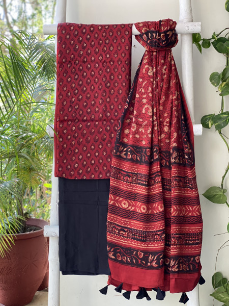 MAROON-BLACK AJRAKH MODAL SILK DUPATTA SET
