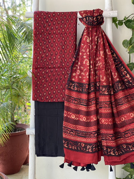 MAROON-BLACK AJRAKH MODAL SILK DUPATTA SET