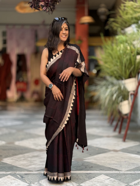 BLACK-MAROON MODAL SILK AJRAKH BLOCK PRINT SARI