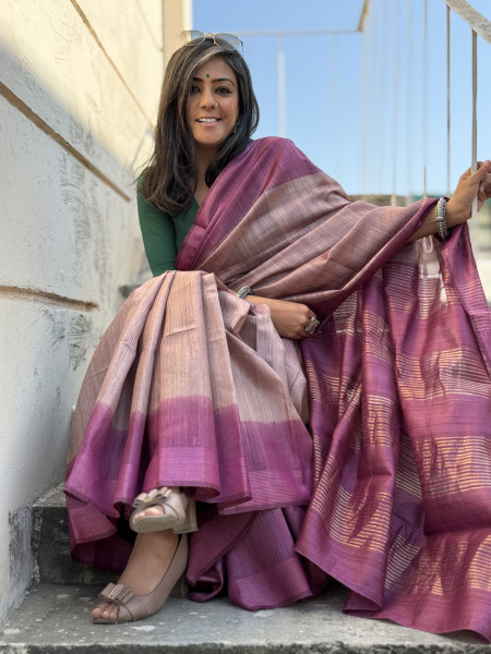 SALMON-WINE HAND WOVEN TUSSAR SILK SARI
