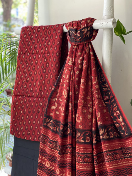 MAROON-BLACK AJRAKH MODAL SILK DUPATTA SET