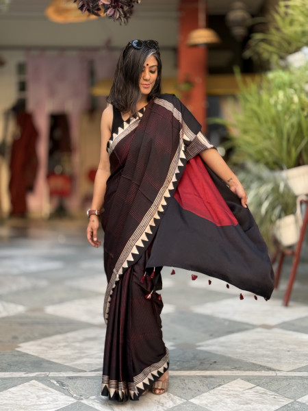 BLACK-MAROON MODAL SILK AJRAKH BLOCK PRINT SARI