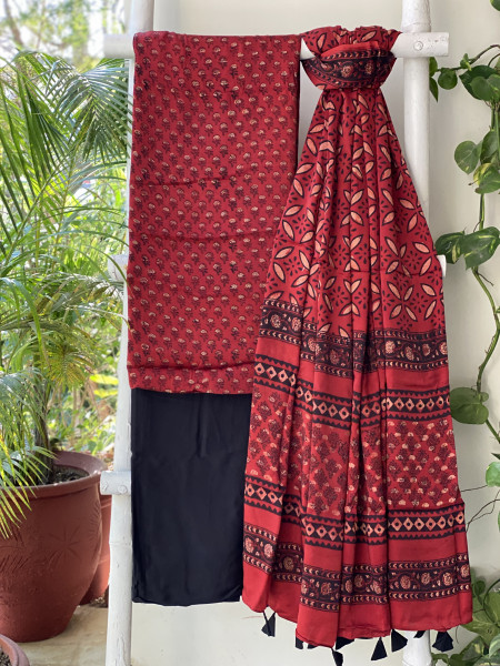 MAROON-BLACK AJRAKH MODAL SILK DUPATTA SET