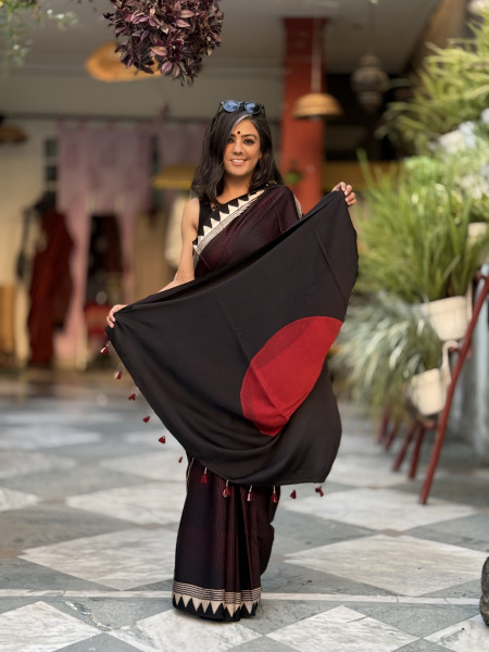 BLACK-MAROON MODAL SILK AJRAKH BLOCK PRINT SARI