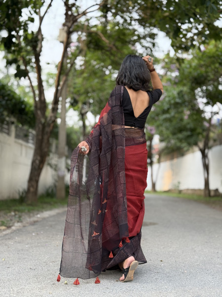 MAROON-BLACK HAND BLOCK PRINT EMBROIDERED COTTON KOTA SARI