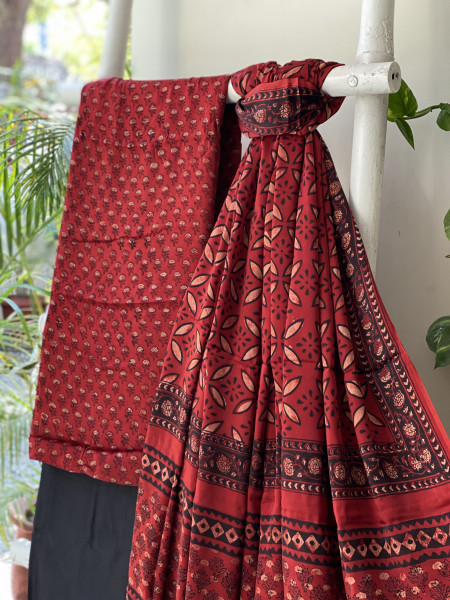 MAROON-BLACK AJRAKH MODAL SILK DUPATTA SET
