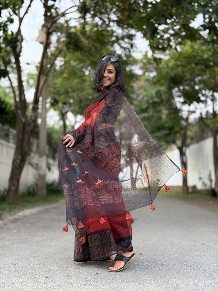 MAROON-BLACK HAND BLOCK PRINT EMBROIDERED COTTON KOTA SARI