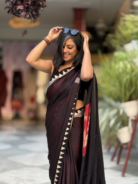 BLACK-MAROON MODAL SILK AJRAKH BLOCK PRINT SARI