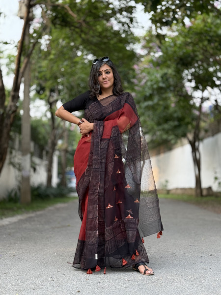 MAROON-BLACK HAND BLOCK PRINT EMBROIDERED COTTON KOTA SARI