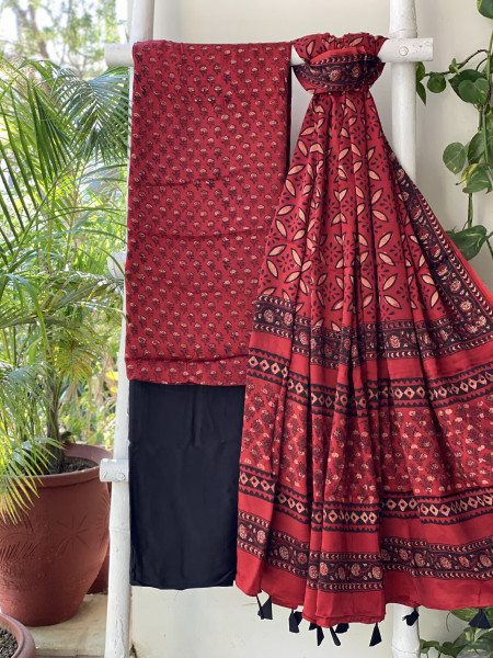 MAROON-BLACK AJRAKH MODAL SILK DUPATTA SET