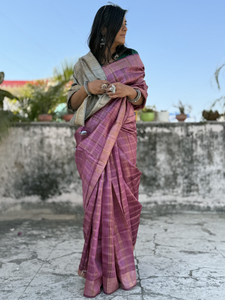 WINE-GREY HAND WOVEN TUSSAR SILK SARI