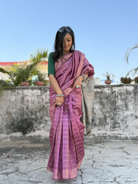 WINE-GREY HAND WOVEN TUSSAR SILK SARI
