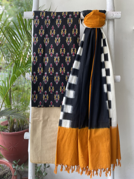BLACK-MUSTARD COTTON IKKAT DUPATTA SET