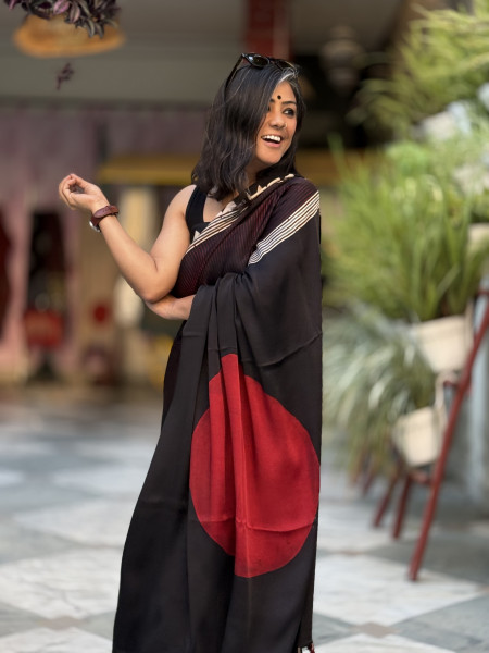 BLACK-MAROON MODAL SILK AJRAKH BLOCK PRINT SARI