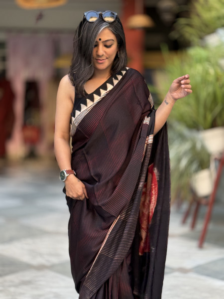 BLACK-MAROON MODAL SILK AJRAKH BLOCK PRINT SARI