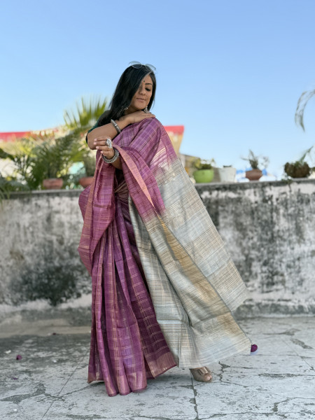 WINE-GREY HAND WOVEN TUSSAR SILK SARI