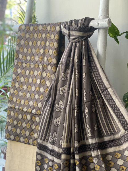 GREY AJRAKH MODAL SILK DUPATTA SET