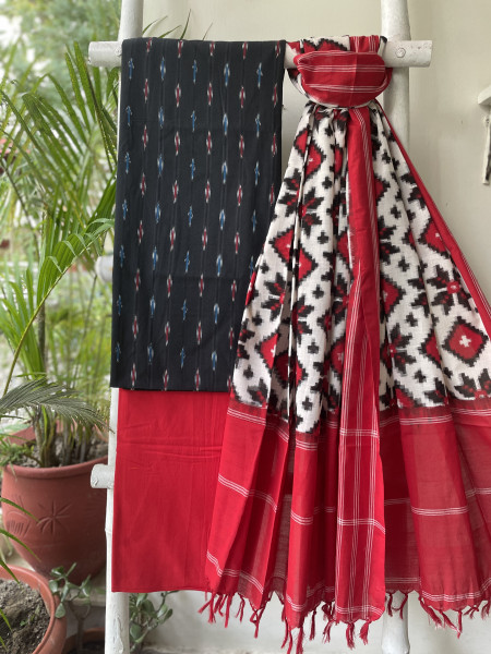BLACK & RED COTTON IKKAT DUPATTA SET